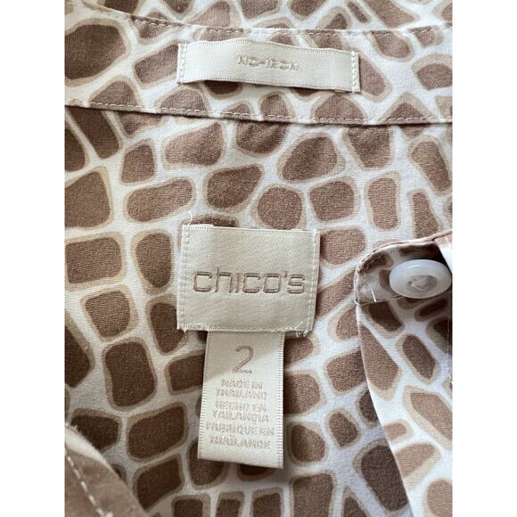 Chico's No Iron Tan White Animal Polka Squares Collared Top Size 2 L Button Up - Picture 9 of 9